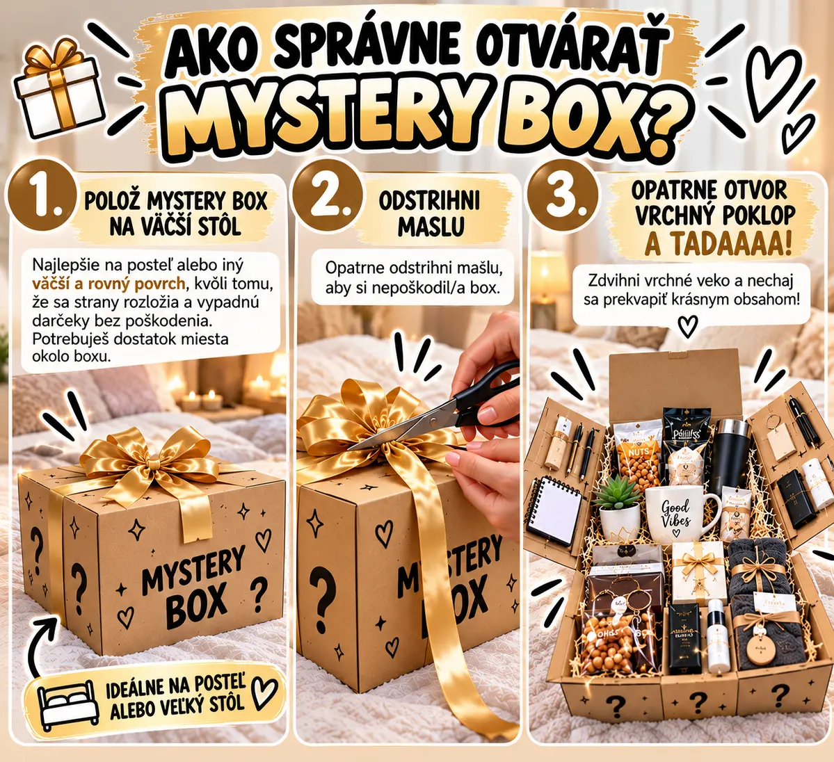 Zabalený Mystery Box, rozbaľovanie a otvorená darčeková škatuľa